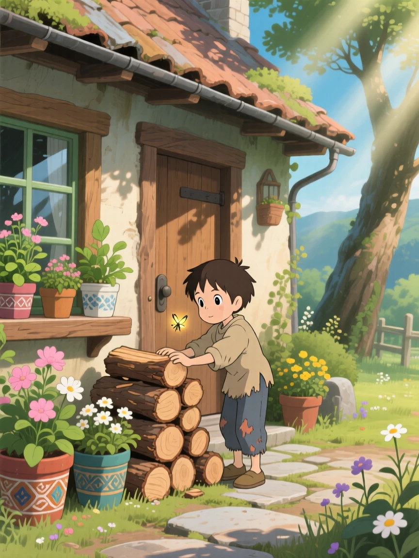 A boy stacking firewood beside a cottage door, potted plants lining the windowsill, the whole scene feeling quietly content.