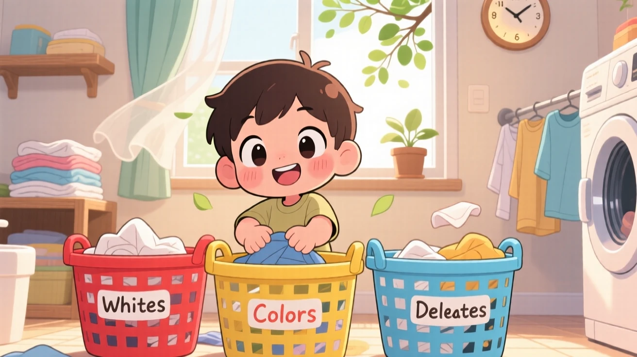 In a cozy laundry room, a small boy is sorting laundry into colorful baskets during a light summer breeze, bathed in warm morning light filtering through leaves, expression full of playful mischief. Shot as a close-up portrait.