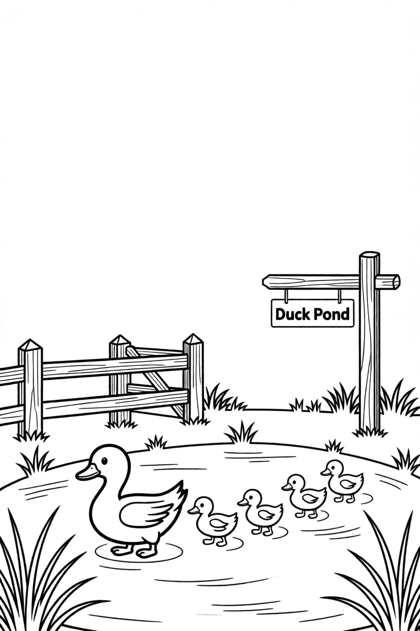 A duck pond on a farm with ducklings following their mother