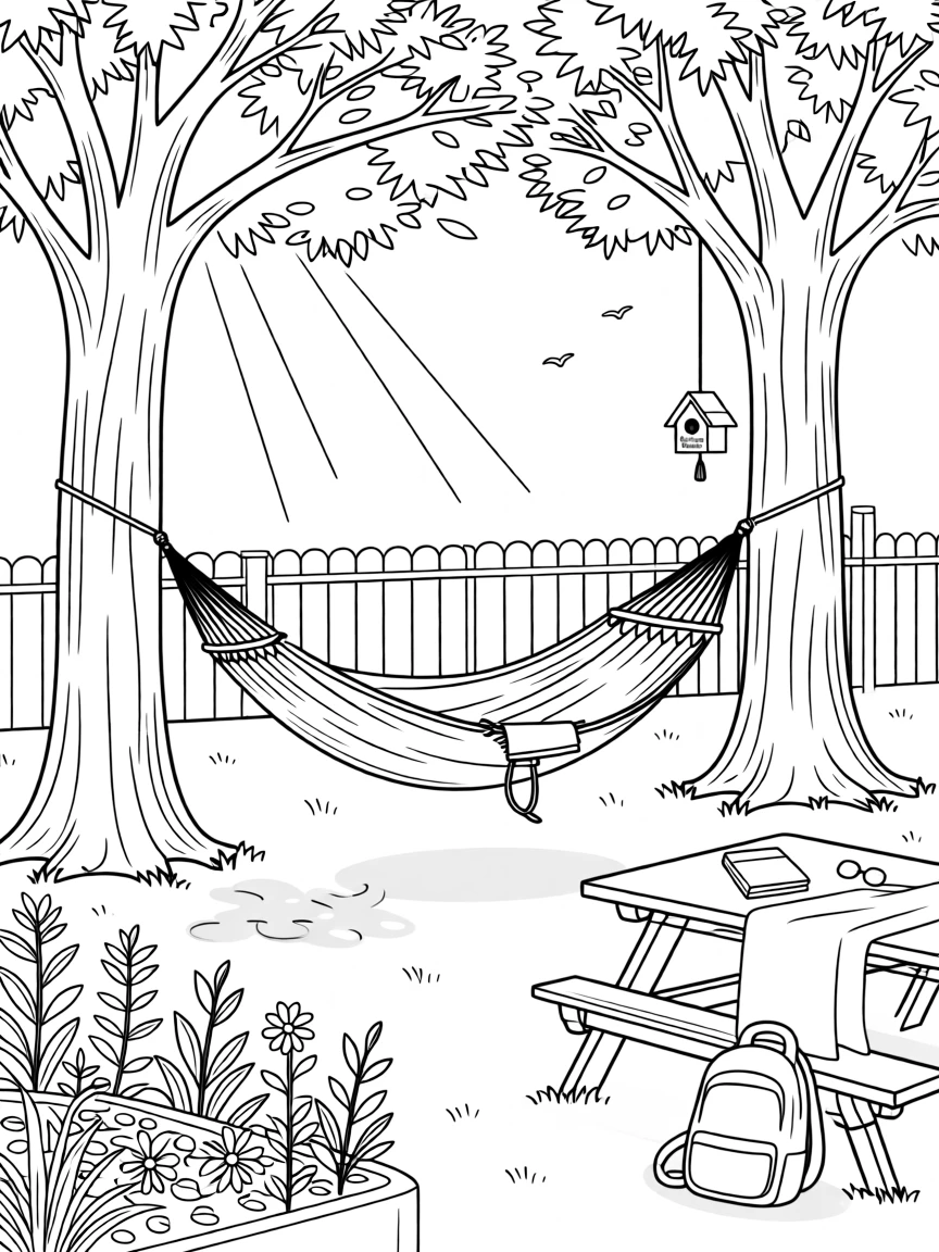 A hammock strung between two trees in a quiet backyard, with soft morning light filtering through the leaves.