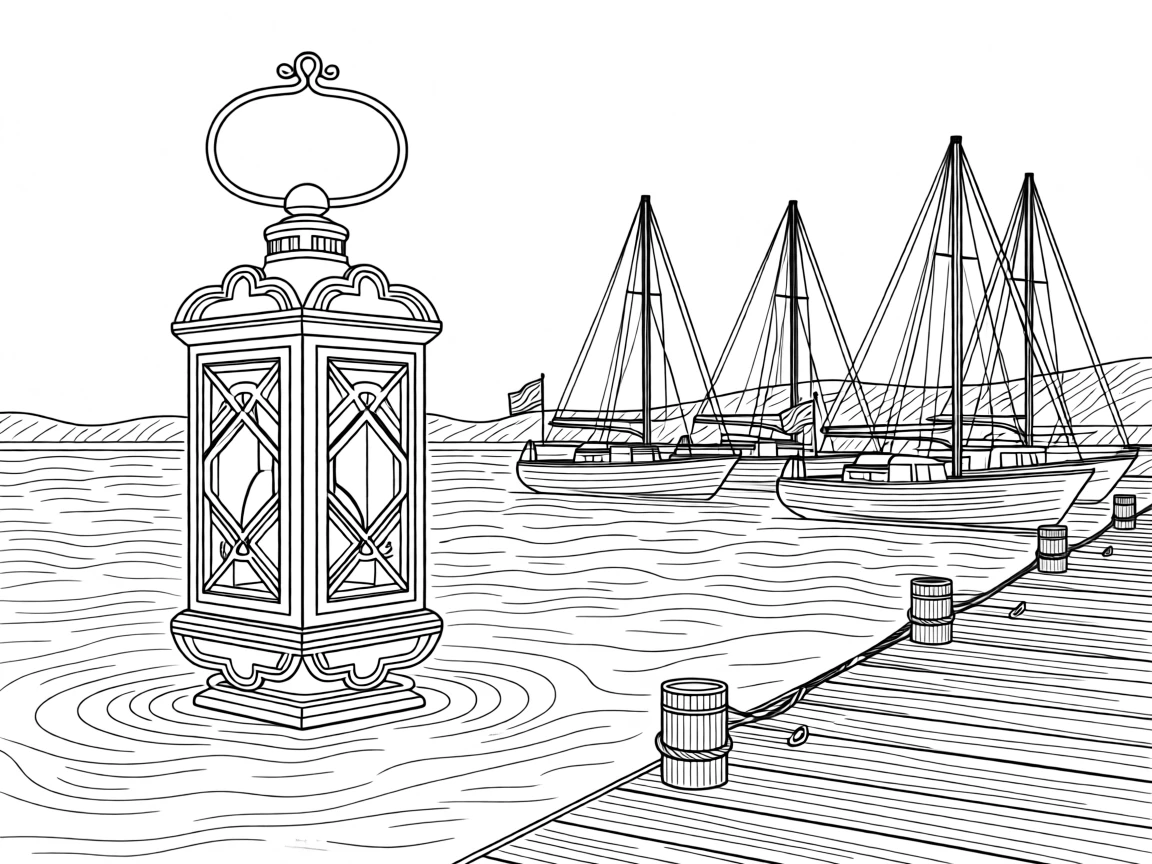 A single lantern floating above a quiet harbor at dusk.