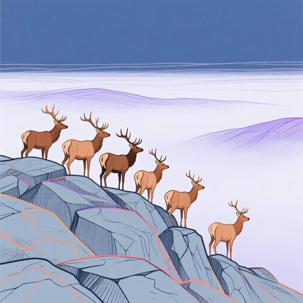 A herd of elk watching the horizon on a rocky hillside as fog rolls in.