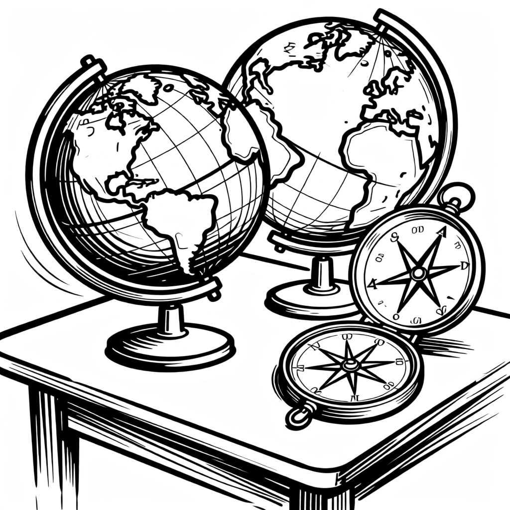 A collection of vintage globes and compasses arranged on an explorer's desk.