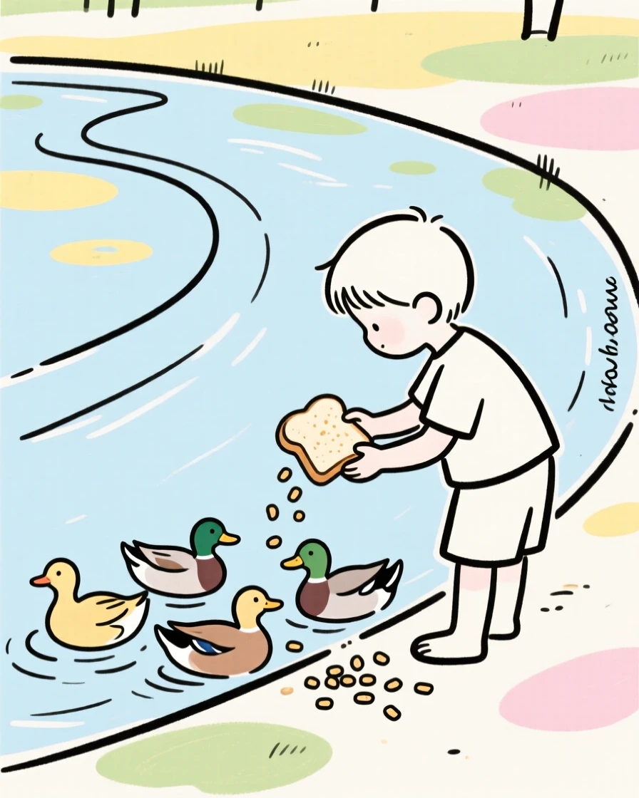 A child feeding ducks bread crumbs beside a park pond.