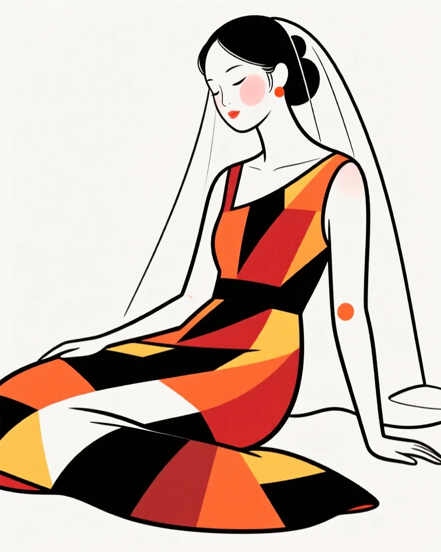 A bride wearing a colorful Ankara dress, resting in calm stillness.