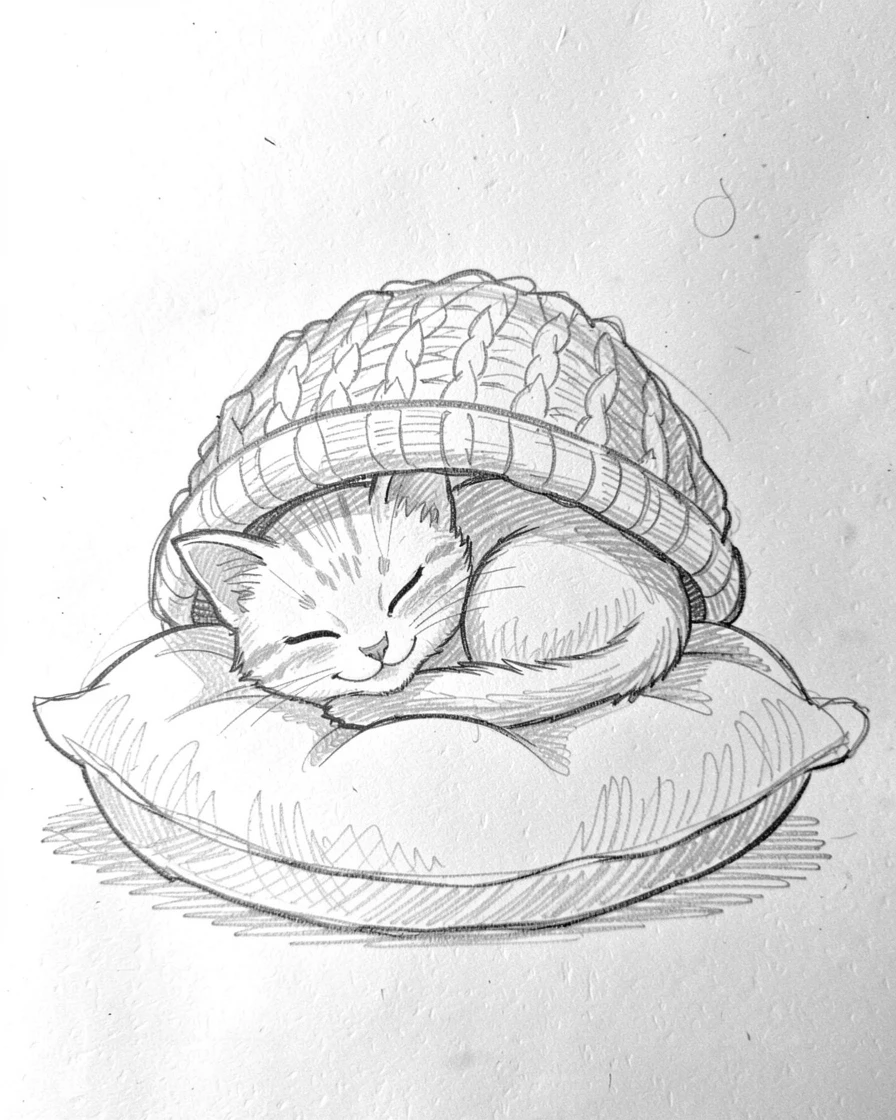 An irresistibly cute scene of a kitten napping inside a cozy knitted hat curled up on a plush pillow, with a playful, mischievous expression.