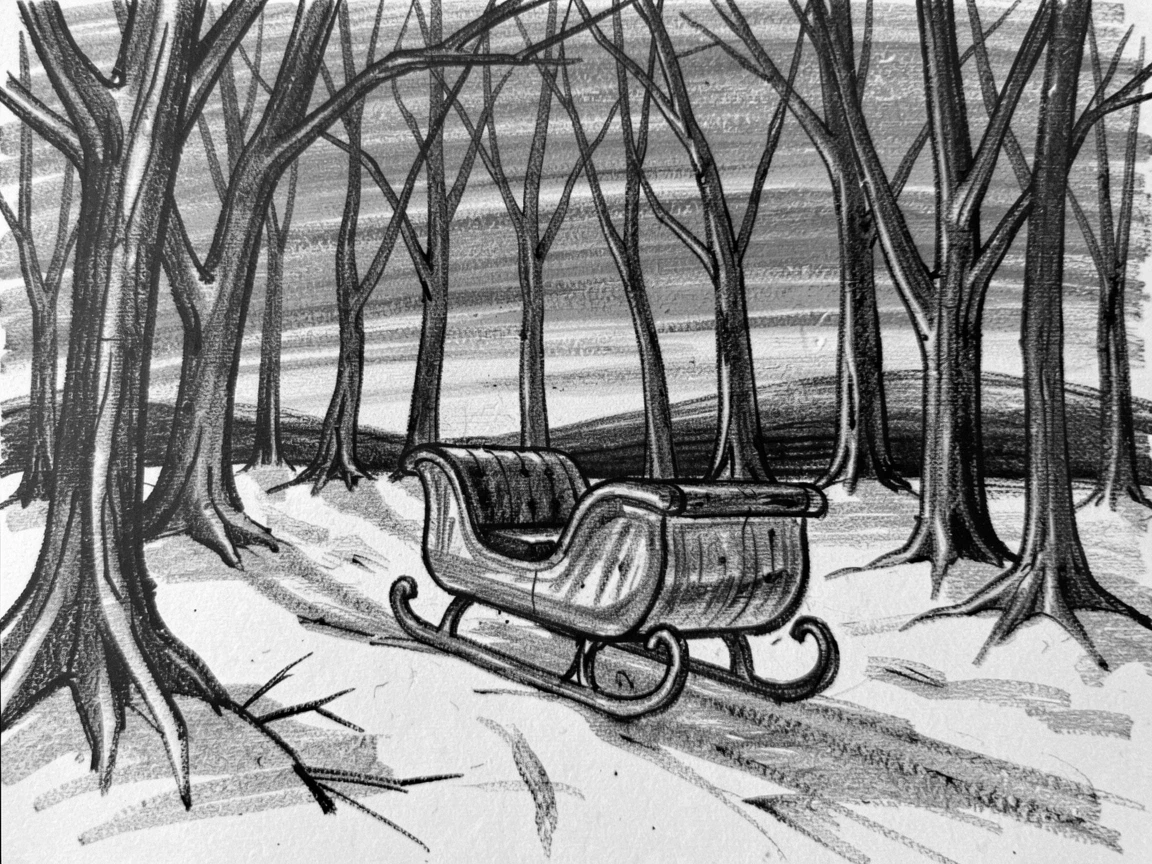 A sleigh gliding through a snowy forest at twilight, beneath a sky streaked with sunset colors.