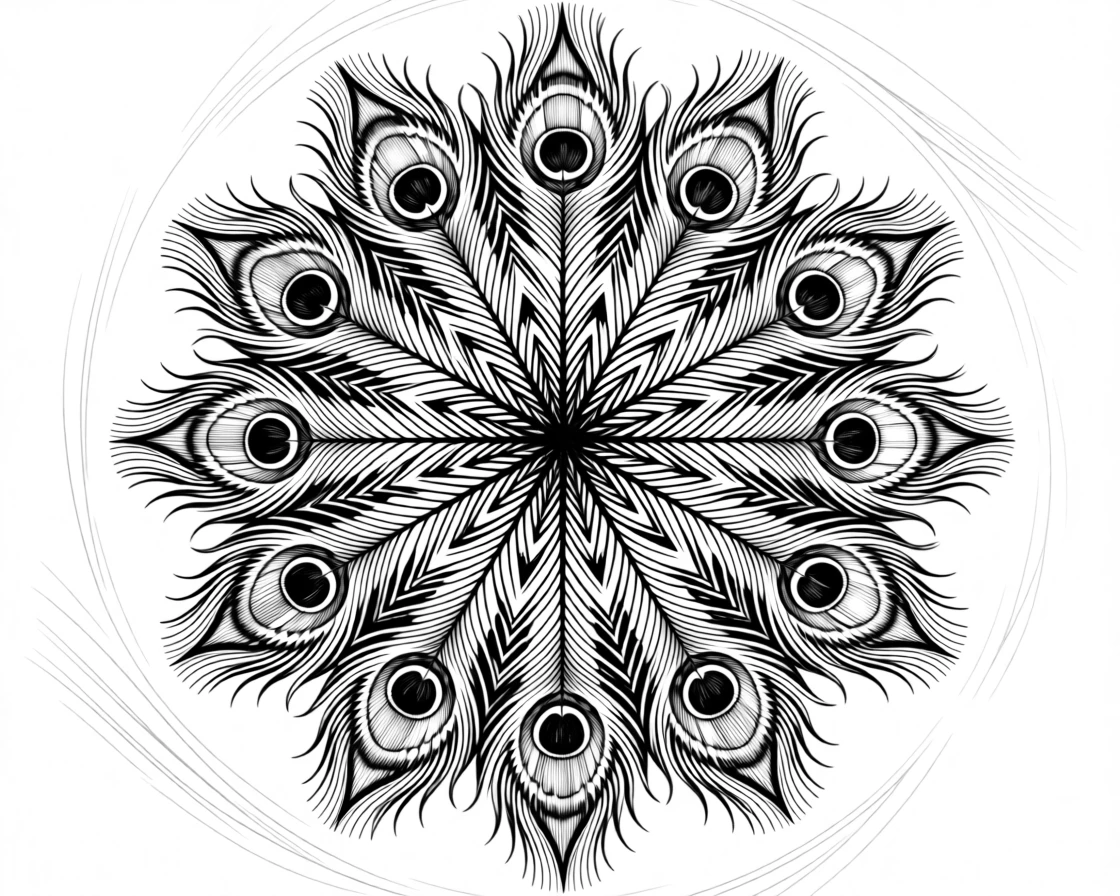 A radial burst of peacock feather patterns arranged in flowing, organic symmetry, with fine linework tracing every curve and edge, forming a meditatively symmetrical decorative composition.