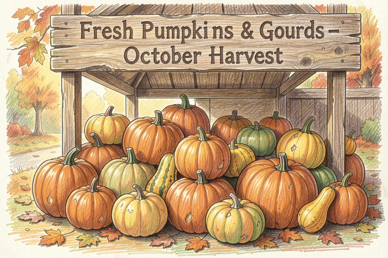 A rural farmstand overflowing with pumpkins and gourds in October, framed thoughtfully to draw the eye toward the central subject, celebrating a moment people would love to revisit.