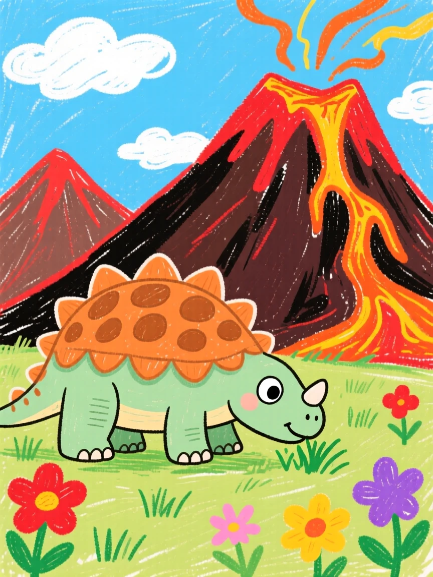A curious Ankylosaurus grazing beside a volcanic mountain range.