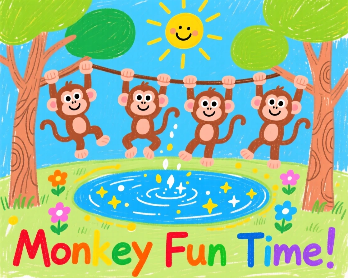 A troop of monkeys swinging through trees beside a sparkling watering hole.