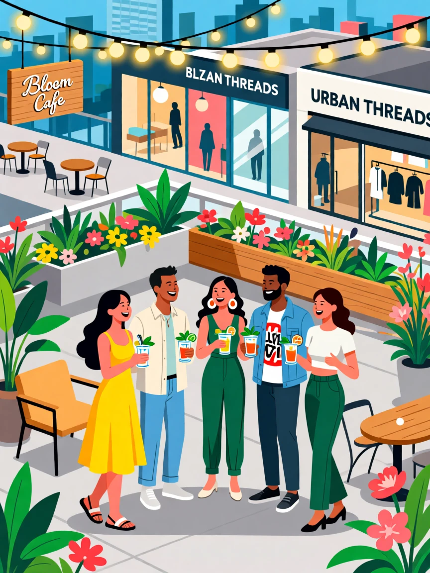 A group of friends at a trendy rooftop garden party, surrounded by trendy shops and cafés, arranged with vibrant background detail supporting the subject, with vibrant, trendy colors that feel fresh and current.