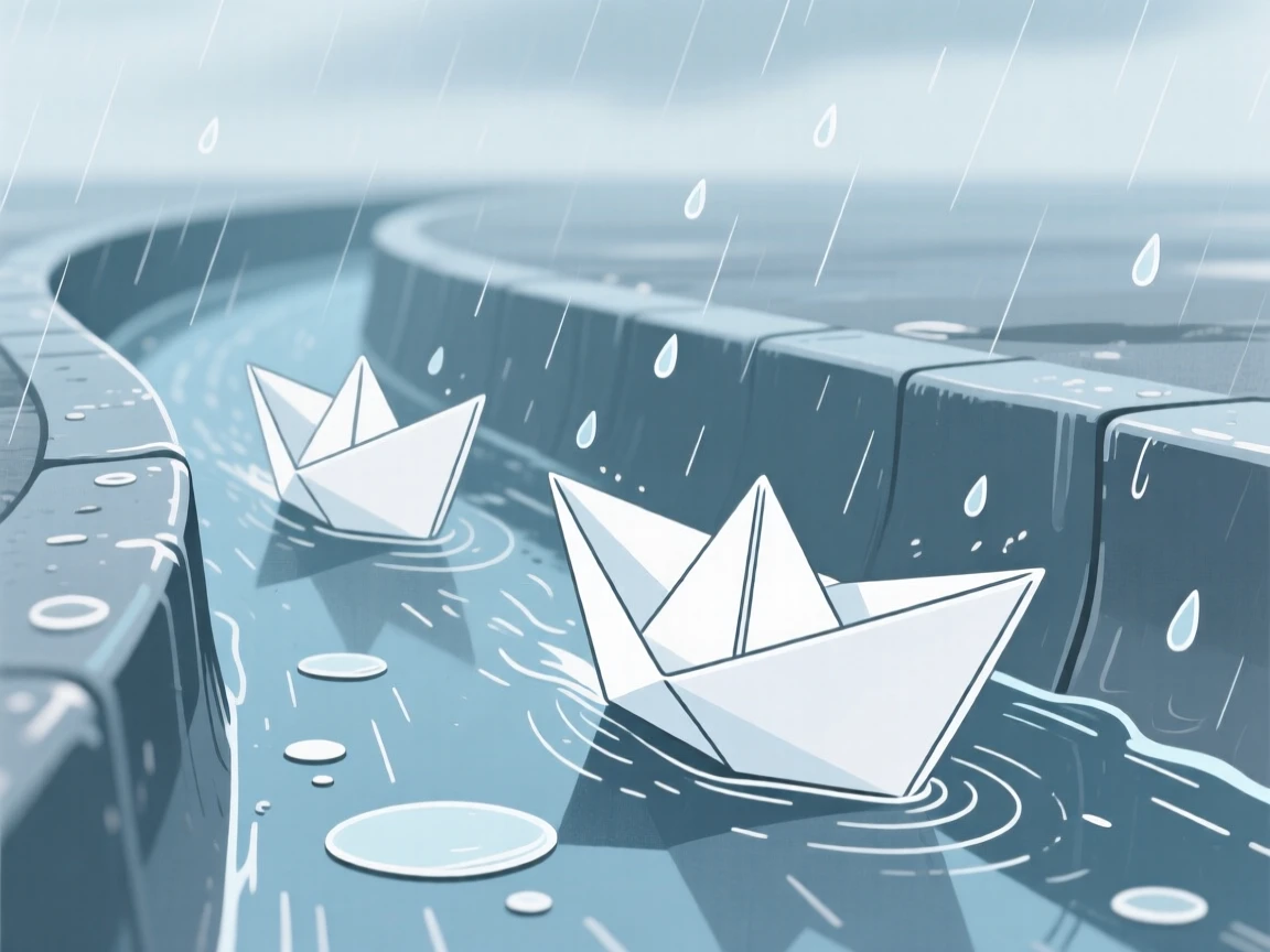A paper boat racing another down a rain-soaked gutter after a storm.