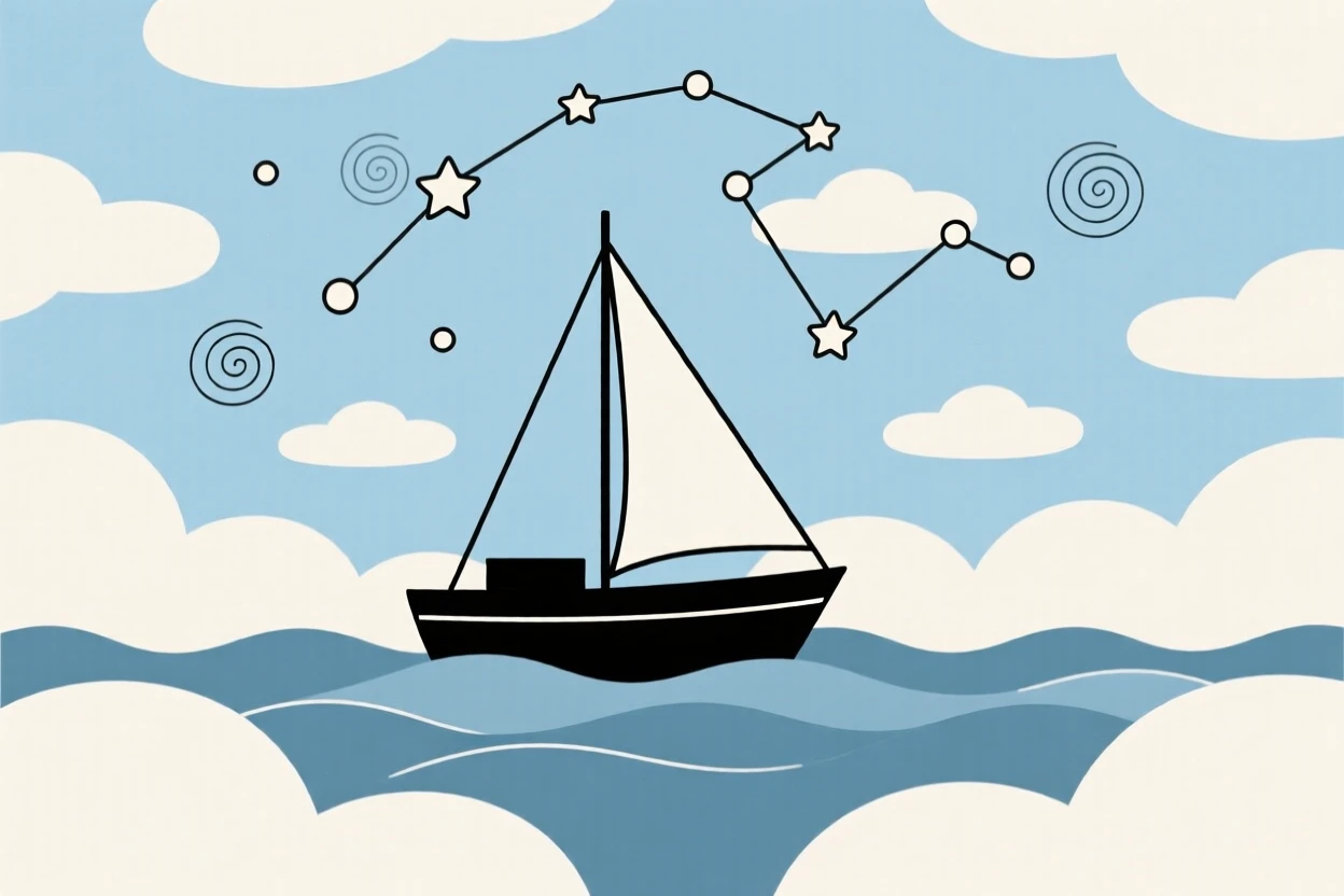 A dreamlike ship sailing across a sea of clouds rising from a sky filled with drifting clouds, filled with swirling constellations, evoking quiet enchantment.