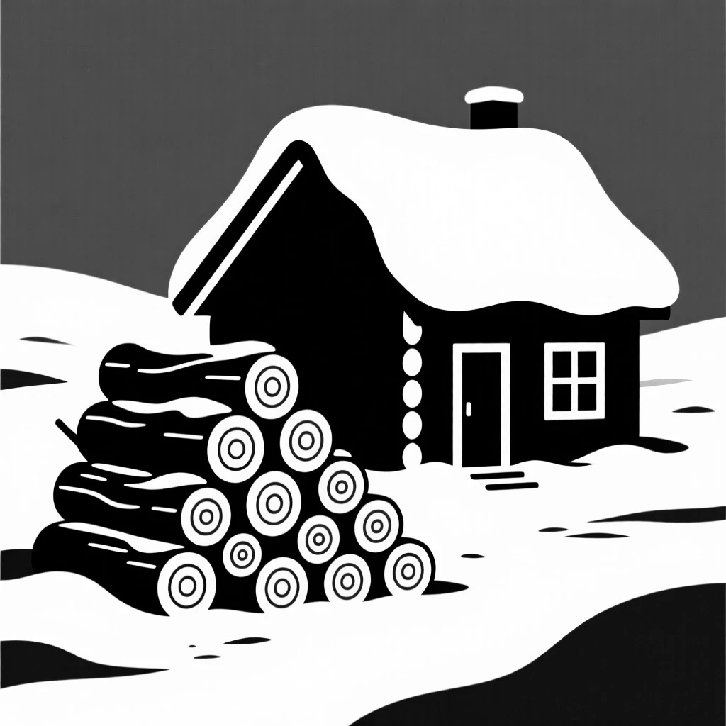 A stack of firewood beside a snowy cabin.