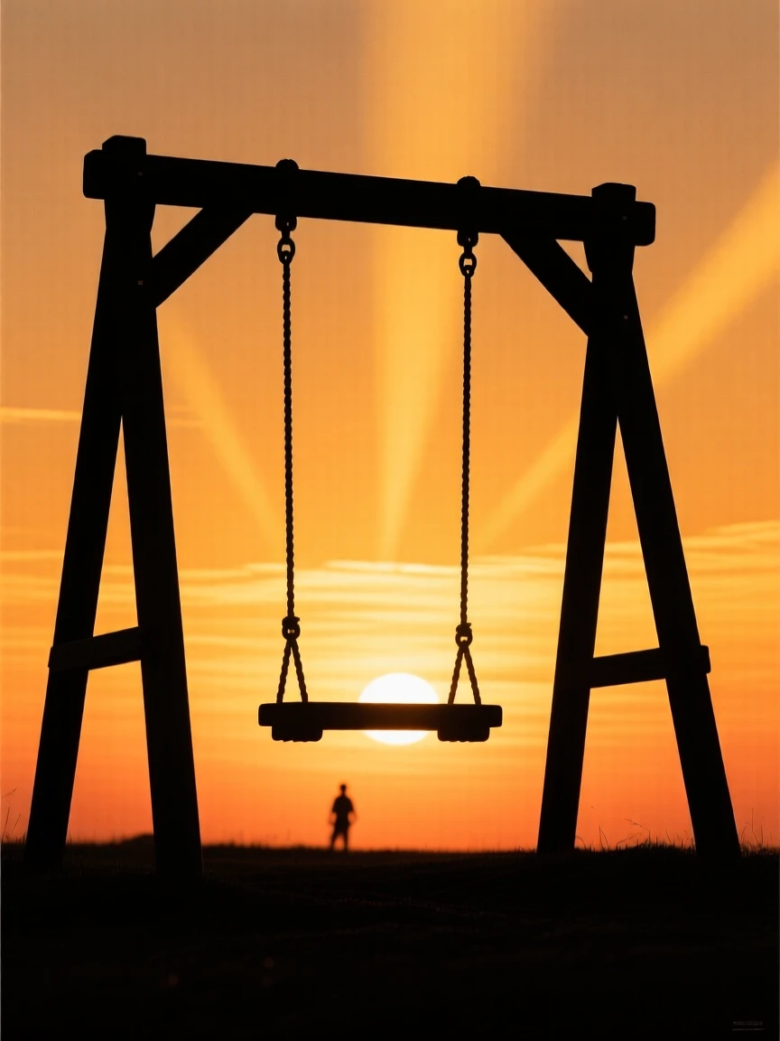 A single wooden swing set silhouetted against a golden summer sunset.
