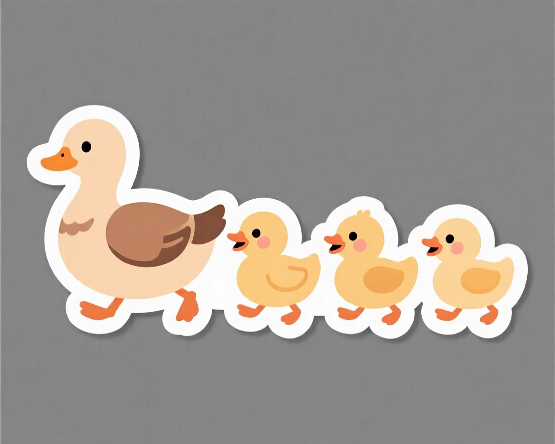 An irresistibly wholesome group of ducklings following their mother in a row, with an expression that melts hearts instantly, the kind of wholesome scene that brightens a day.