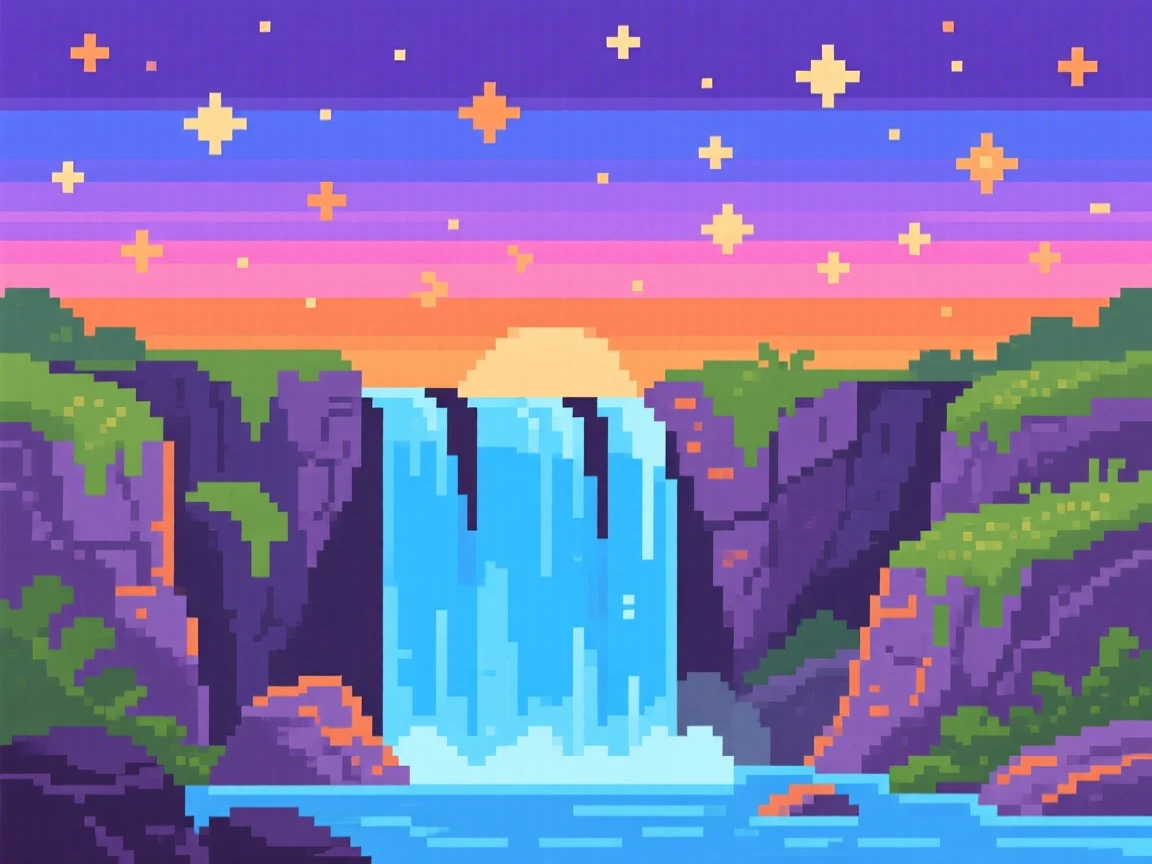 A quiet waterfall glowing under a sky full of stars, under a sky painted with the colors of sunset.