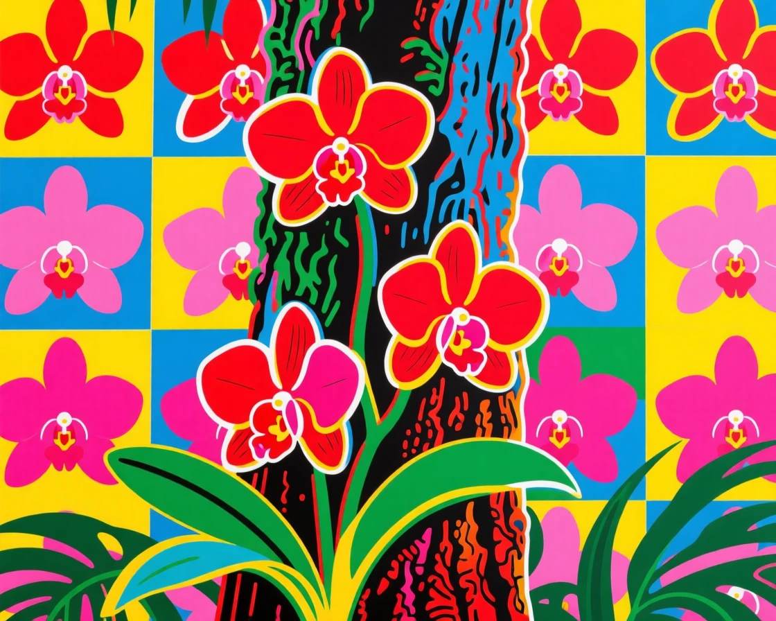 Wild orchids growing on a rainforest tree trunk