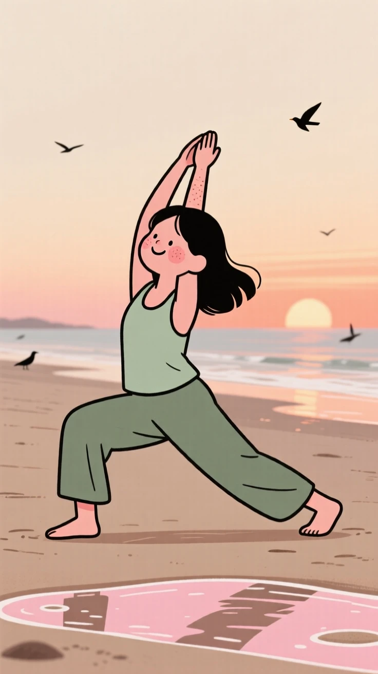 A young woman practices gentle yoga stretches on a quiet beach at low tide at first light, breathing slowly as the calls of distant birds surrounds them.