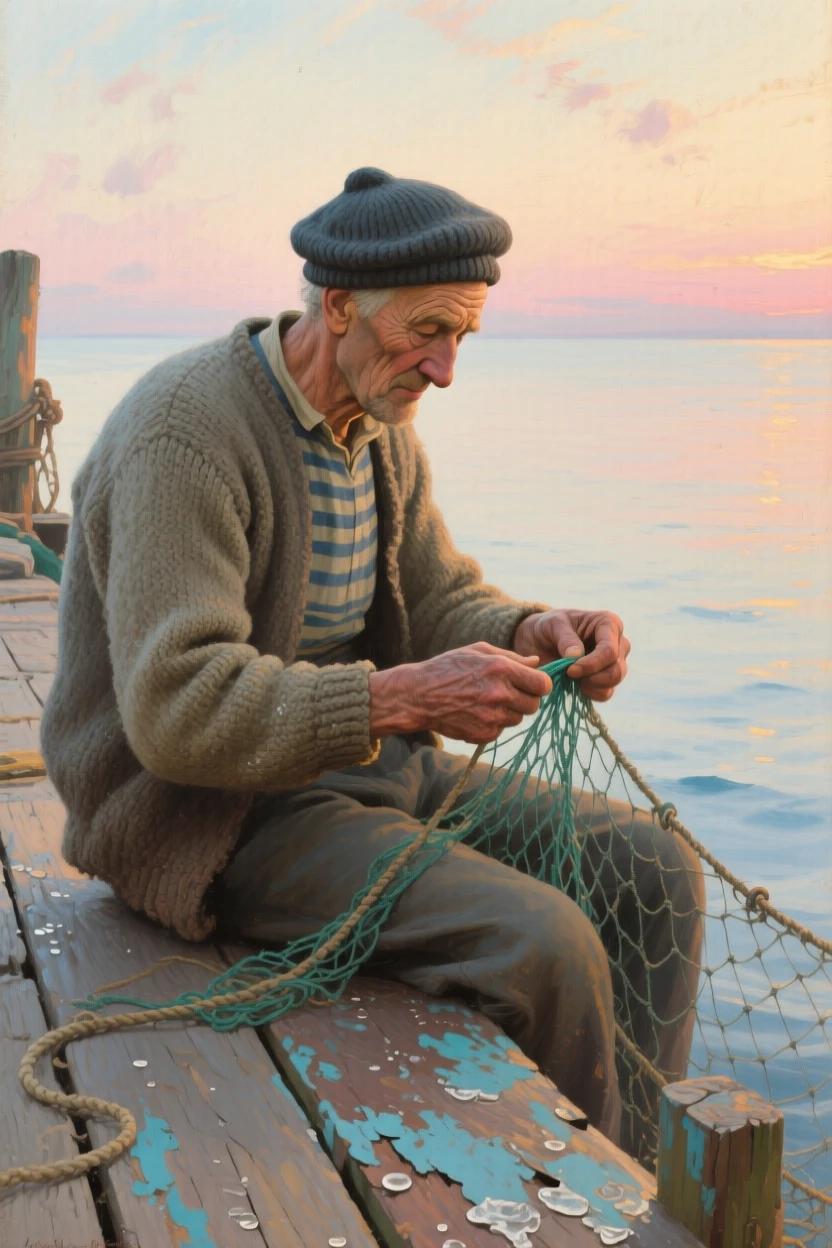 A medium shot of an old sailor mending a fishing net on a weathered dock, at dawn, in the 1950s.