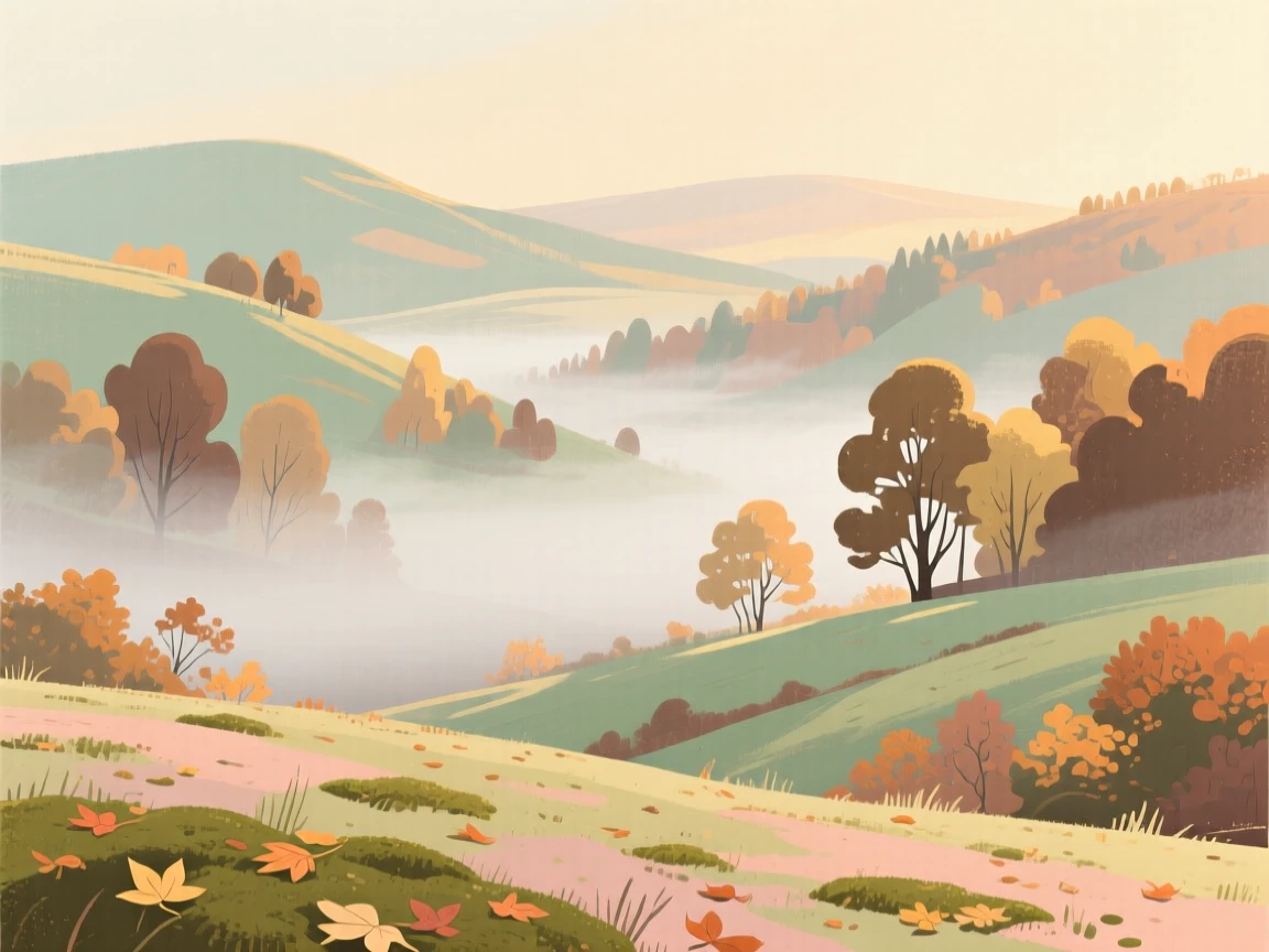 A misty autumn morning over a valley of turning leaves