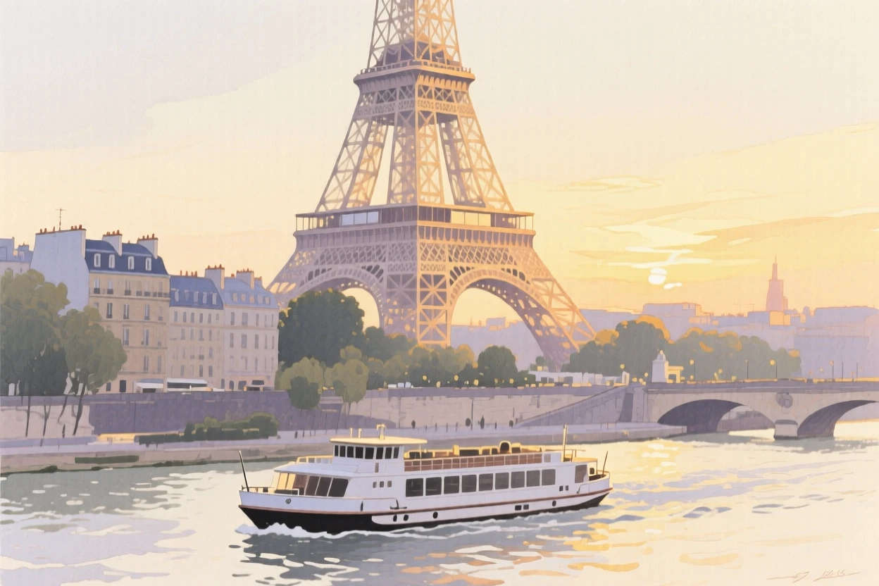 The Eiffel Tower rises above rooftops at golden hour with a river cruise boat drifting along the Seine below