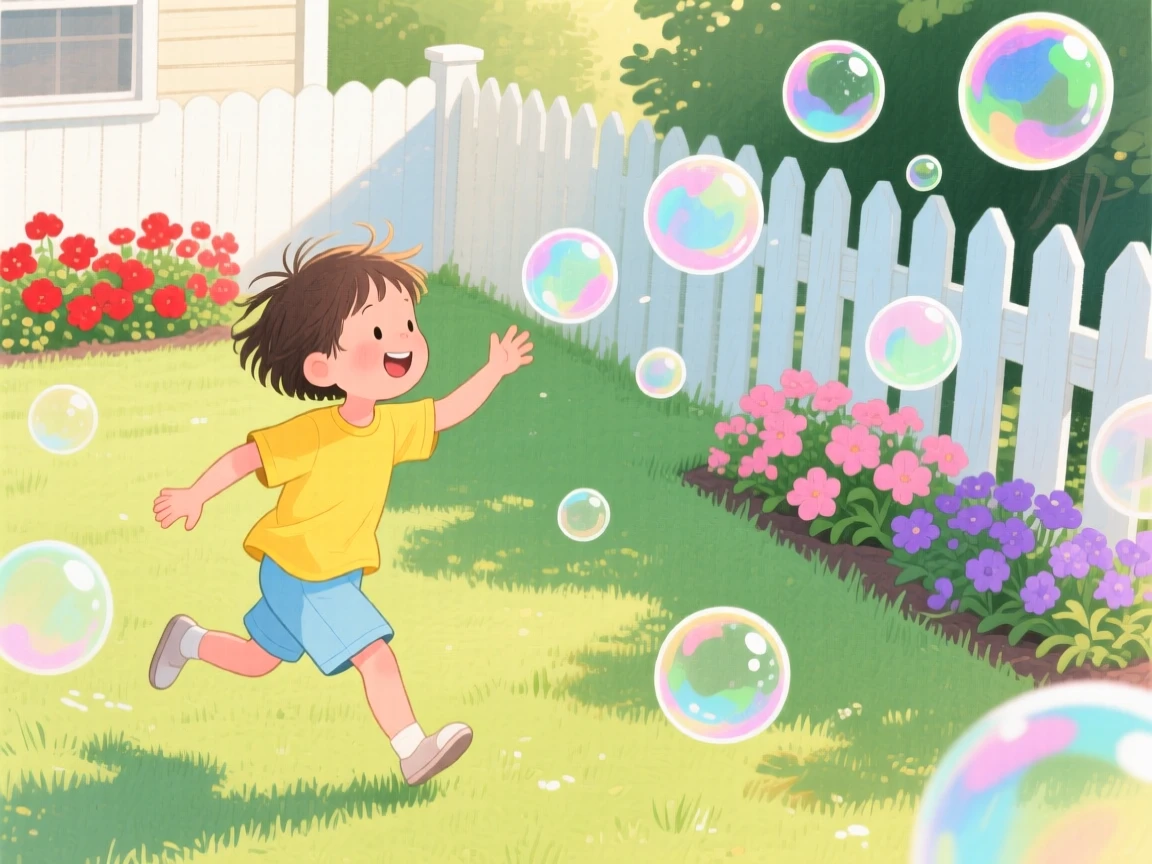 A child chasing soap bubbles across a sunlit backyard.