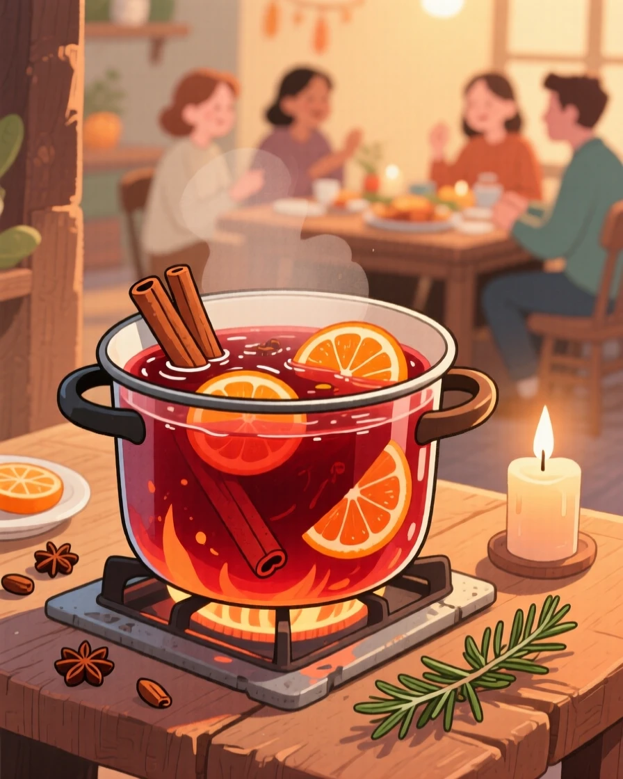 A pot of mulled wine simmering with cinnamon sticks and orange slices, filled with the simple pleasure of good food and good company.
