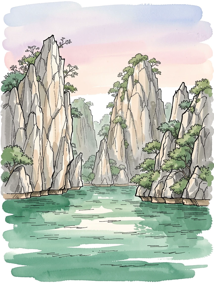 A limestone karst landscape rising from still emerald water, the air still and cool with the promise of a new day.