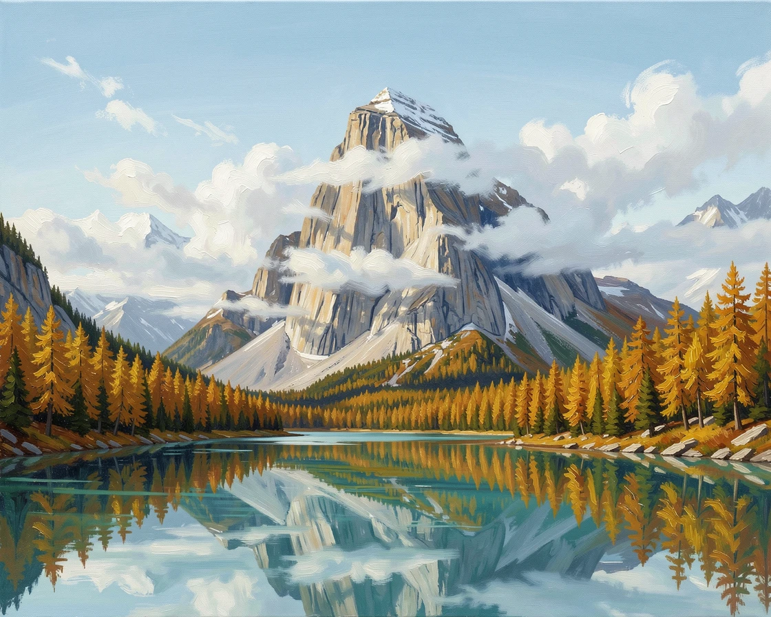 On a crisp autumn morning with golden larches far below, a solitary granite peak piercing the clouds, beside a turquoise glacial lake, wisps of cloud drifting silently through the passes.