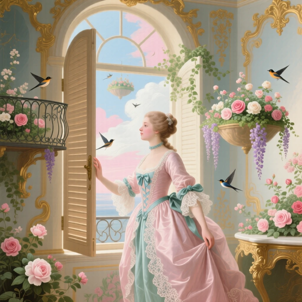 A young woman opening a window onto a sky filled with floating gardens  