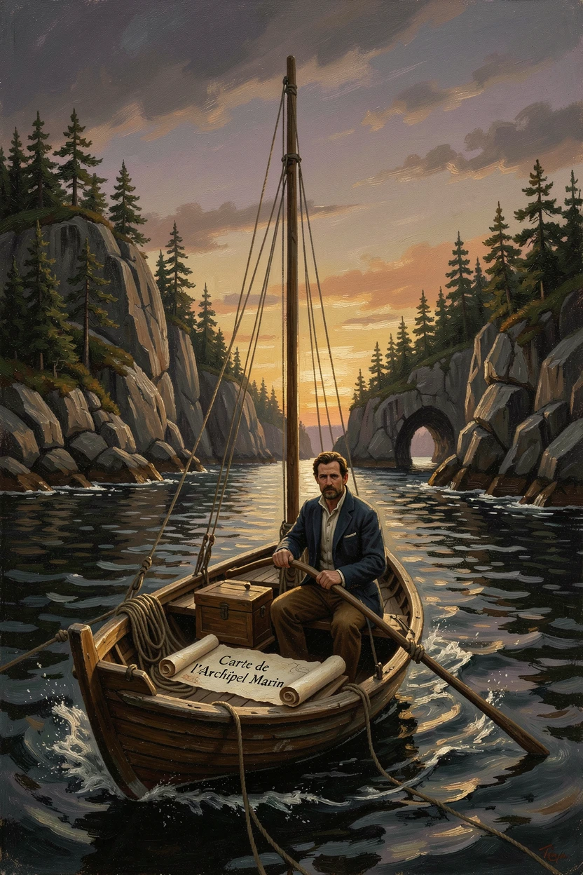 A sailor navigating a small boat through a dramatic archipelago at sunset, with rich environmental detail immersing the viewer in the destination, evoking wanderlust and the irresistible call of adventure