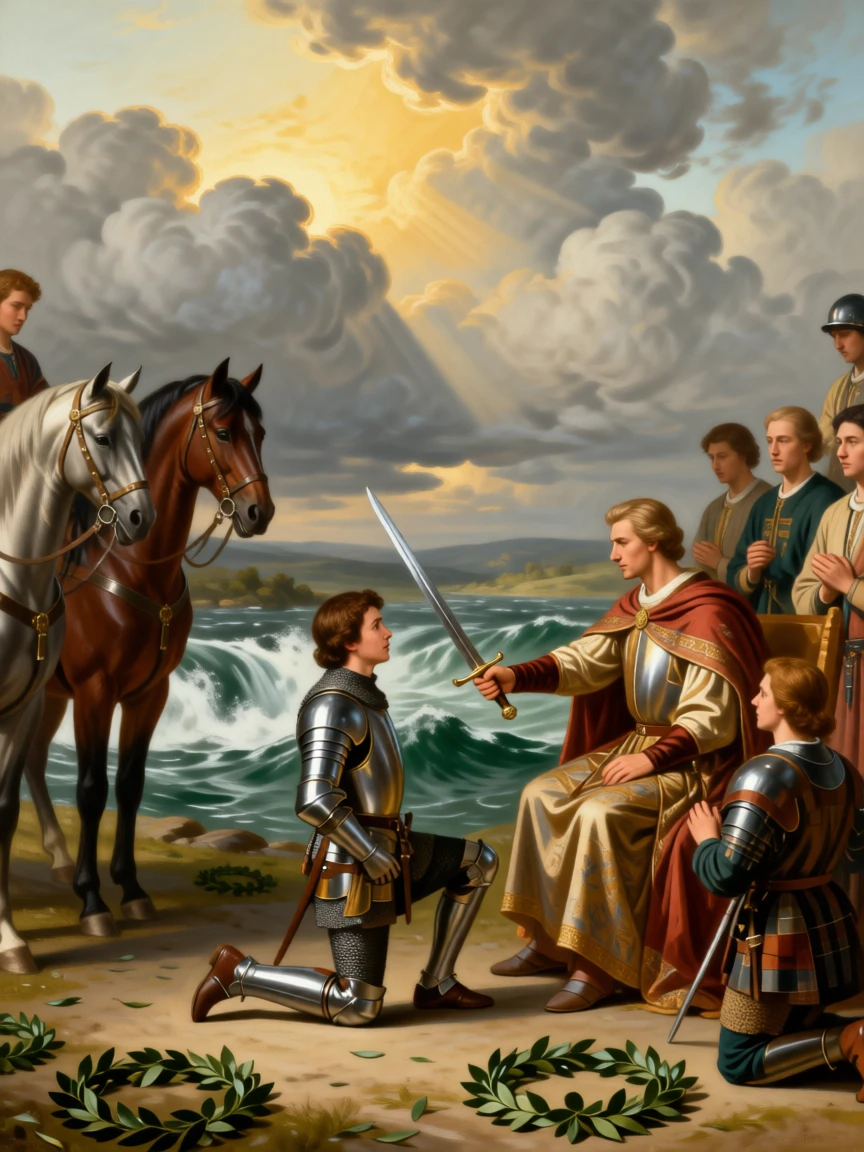 A medieval knight kneeling to receive his sword from a monarch as golden light breaks through the clouds above, set beside the rushing waters of a mythic river, surrounded by kneeling attendants, war horses, and scattered laurel wreaths; a low vantage point emphasizes the towering scale of the moment, capturing the timeless clash of glory and mortality.