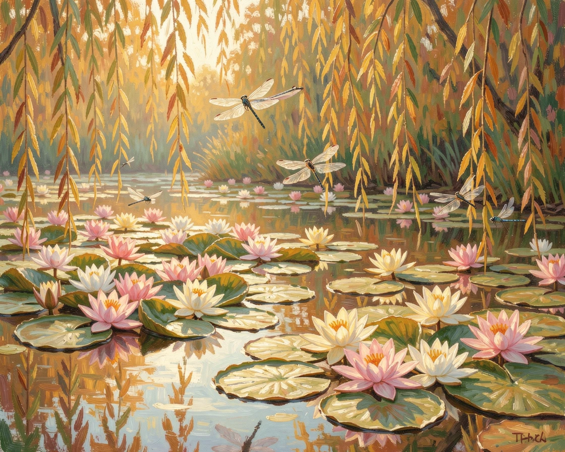 A tranquil pond covered in water lilies, dragonflies hovering above the pads beneath a canopy of willow branches, in the golden days of autumn, radiating serenity and gentle stillness.