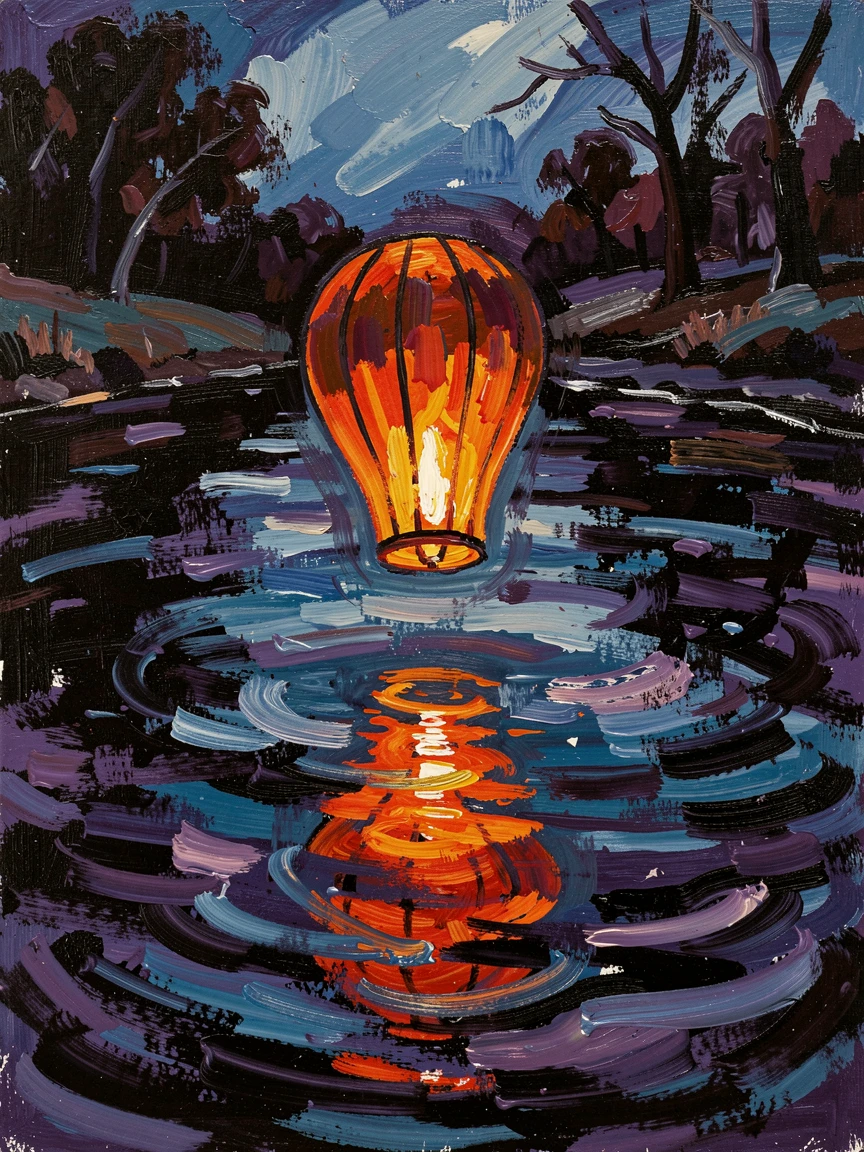 A single paper lantern floating down a dark river, its light reflected in the still water.