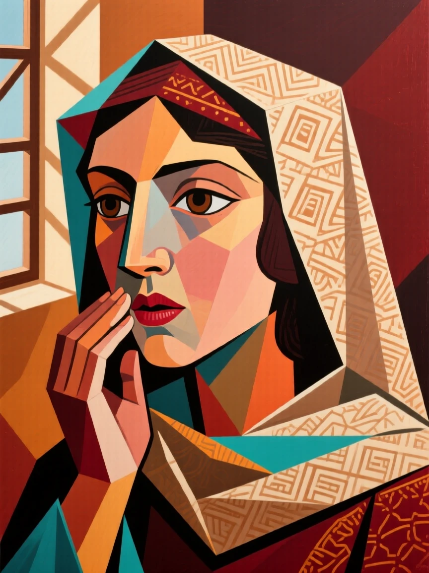 A close-up portrait of a young woman of Bedouin heritage, whispering a secret, in soft window light.
