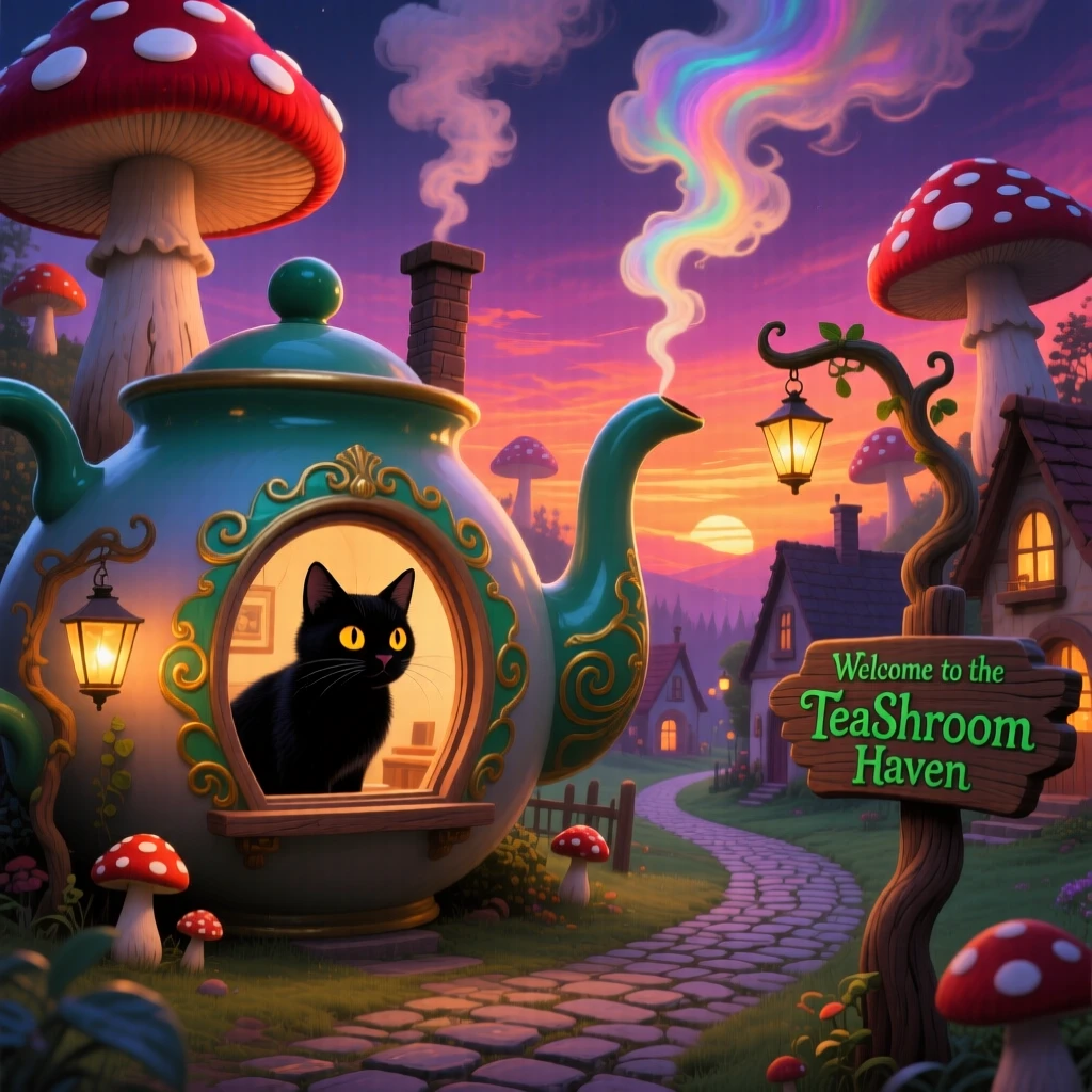 A village of houses shaped like teapots and toadstools feels warm, familiar, and just slightly impossible, while a cat watches curiously from an open window.