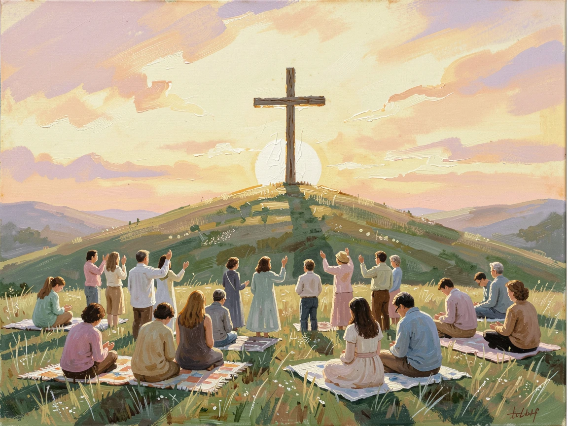 A peaceful Easter sunrise service shows a congregation gathered on a hillside as the sun rises behind a simple wooden cross, the scene capturing a fleeting, candid moment within a larger ongoing celebration.
