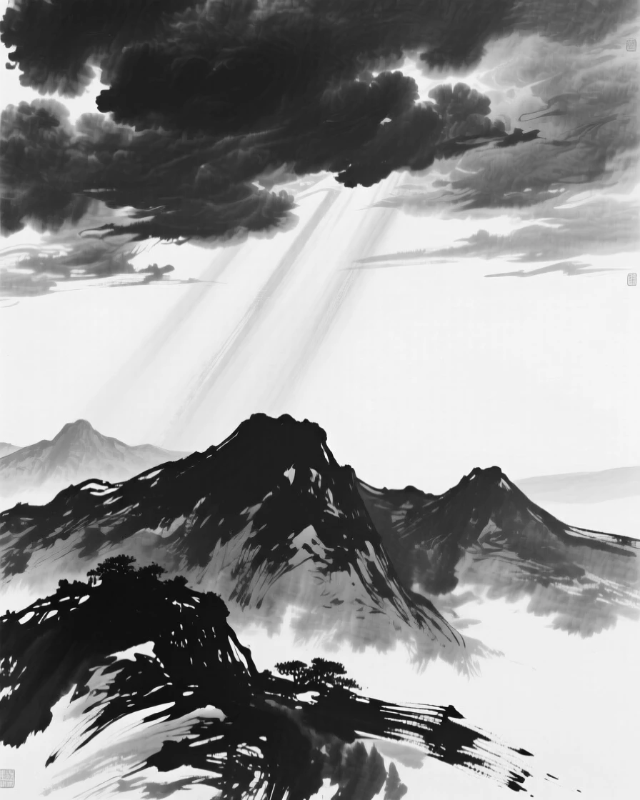 Streaks of golden light break through parting clouds over a mountain range, beneath a sky transformed by the changing light.