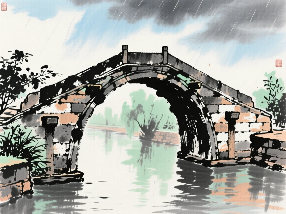 An ancient stone bridge arching gracefully over a quiet canal, under clearing skies after a storm, radiating gentle serenity.