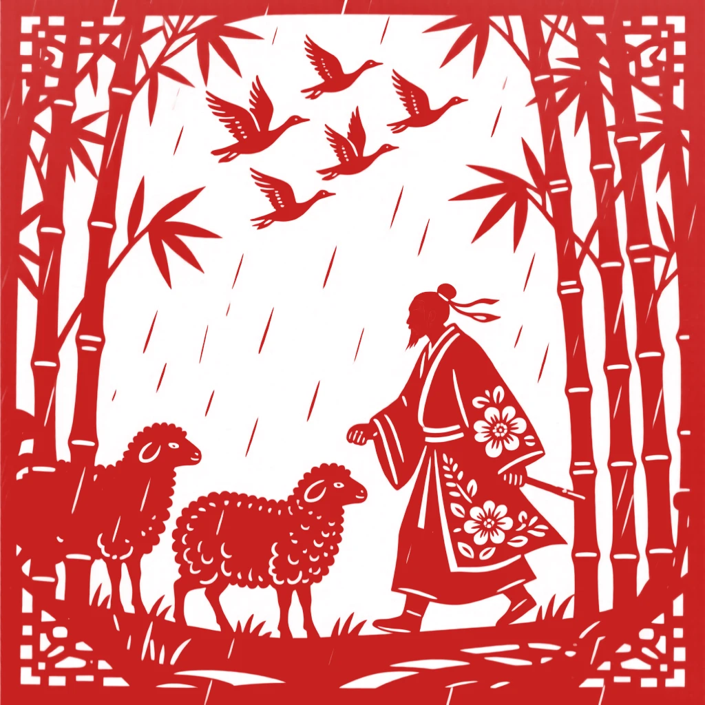 A composition of a shepherd and his flock through a bamboo grove after rain, wild geese flying in formation overhead.