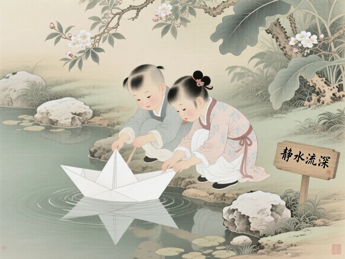 Siblings building a small boat from paper to float down a garden stream, beside a quiet garden pond