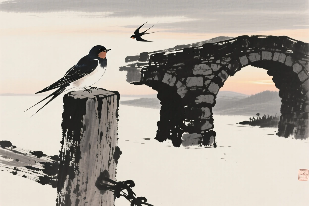 A swallow resting on a weathered wooden post near an old stone bridge, silhouetted softly against the fading light, carrying a quiet, poetic stillness.