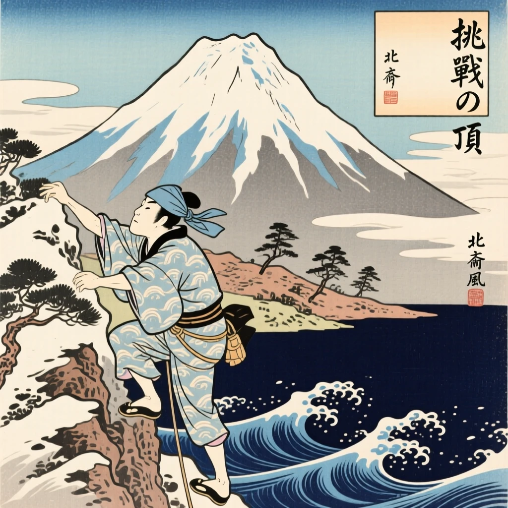 A determined climber reaching a snow-capped summit, over dark churning water.