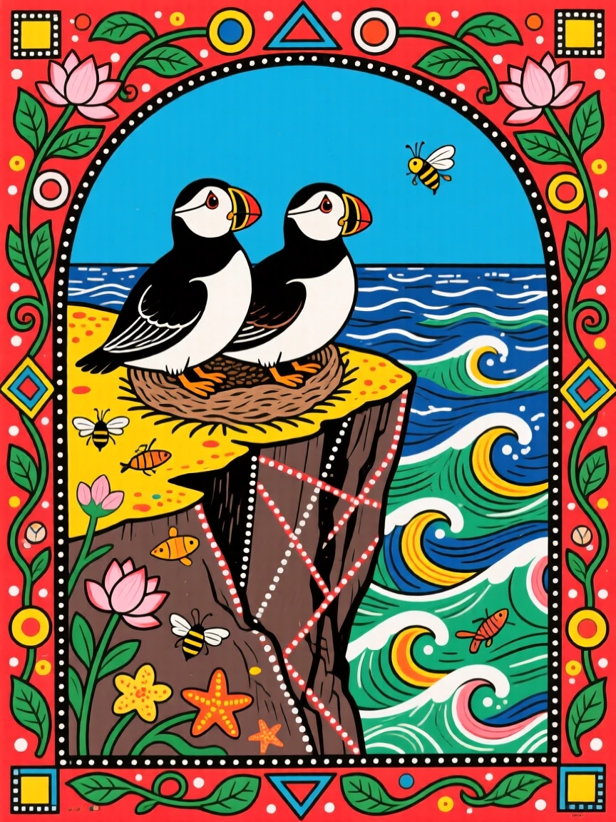 A puffin pair nesting on a cliff above a churning northern sea.