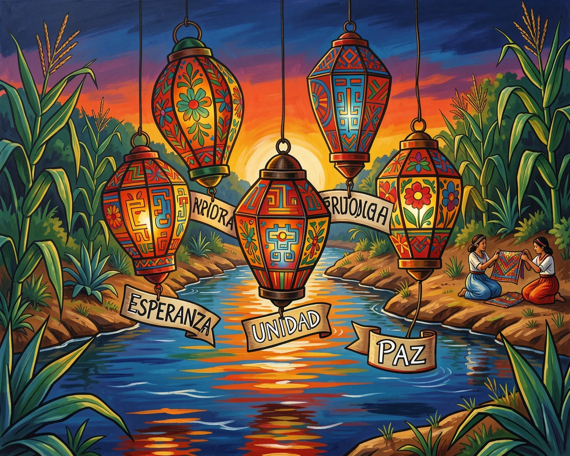A group of lanterns floating together down a quiet river