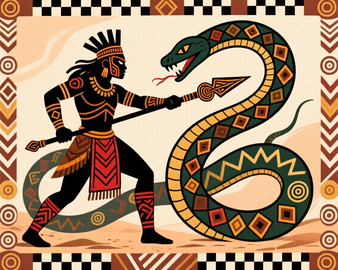 A legendary hero battling a monstrous serpent.
