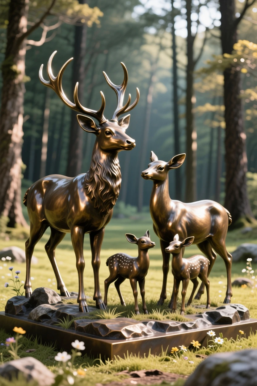 A family of deer grazing in a sunlit clearing, set against a breathtaking natural backdrop, evoking wonder and majesty