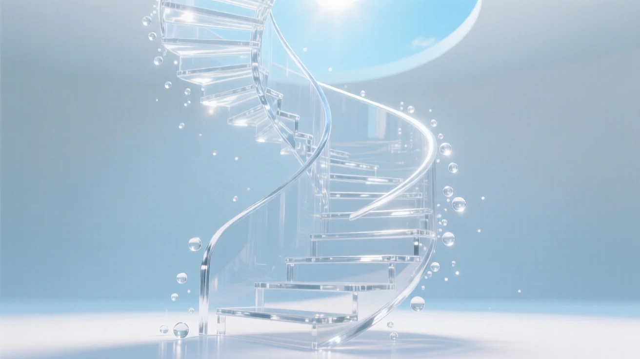 A spiral staircase ascending endlessly into a bright open sky, as tiny particles of light rise slowly upward